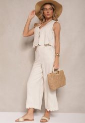 Jasnobeżowy Bawełniany Komplet z Ozdobnym Haftem Kamizelka i Spodnie Sesoviela. Brązowe kamizelki damskie Renee, bez wzorów, z bawełny, eleganckie. Za 139.99 zł.