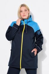Damskie Długa kurtka softshell hydrofobowa 2-kierunkowy zamek błyskawiczny. Niebieskie kurtki damskie Ulla Popken, m, bez wzorów, z materiału, z kapturem. Za 599.99 zł.