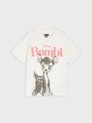 Bawełniana koszulka z nadrukiem Bambi - kremowy. Białe t-shirty damskie Sinsay, l, bez wzorów, z bawełny, bez kołnierzyka. Za 39.99 zł.
