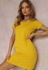 Żółta Sukienka Hyrmiala. Żółte sukienki damskie Renee, na co dzień, na lato, l, bez wzorów, z bawełny, eleganckie, bez kołnierzyka, bez ramiączek, mini, proste. W wyprzedaży za 31.49 zł.