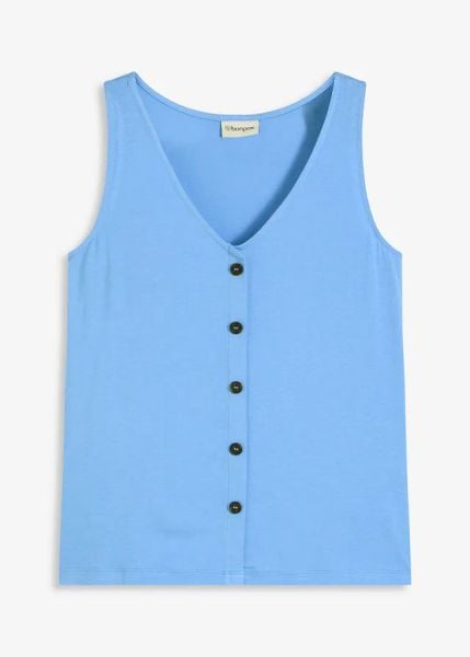 Top z plisą guzikową. Czarne topy damskie bonprix, bez wzorów, bez kołnierzyka. Za 64.99 zł.