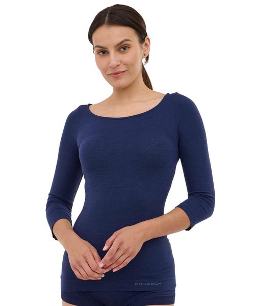 Koszulka damska rękaw 3/4 z wełną Brubeck COMFORT MERINO. Niebieskie t-shirty damskie Brubeck, xl, bez wzorów, z materiału, bez kołnierzyka. Za 219.99 zł.