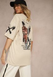 Ciemnobeżowa Koszulka Oversize z Bawełny Zdobiona Nadrukiem Nilravia. Brązowe bluzki damskie Renee, m, z aplikacjami, z bawełny, eleganckie, bez kołnierzyka, bez ramiączek. Za 39.99 zł.