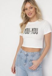 Biały Bawełniany T-shirt z Napisem i Łańcuchem Olimelia. Białe t-shirty damskie Born2be, m, bez wzorów, z bawełny, bez kołnierzyka. Za 34.99 zł.