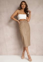 Ciemnobeżowa Spódnica z Ekoskóry High Waist z Rozcięciem i Napami z Przodu Asttia. Brązowe spódniczki damskie Renee, na zimę, s, bez wzorów, z bawełny, z podwyższonym stanem, midi, dopasowane. Za 49.99 zł.