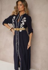 Niebieska Wiskozowa Sukienka z Lnem o Koszulowym Kroju z Haftem i Paskiem Sadoreme. Niebieskie sukienki damskie Renee, na co dzień, na lato, l, z aplikacjami, z materiału, boho, bez kołnierzyka, bez ramiączek, maxi, koszulowe. W wyprzedaży za 159.99 zł.