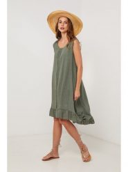 Lin Passion Lniana sukienka w kolorze khaki rozmiar: 40/42. Brązowe sukienki damskie Lin Passion, bez wzorów, ze lnu, klasyczne, bez kołnierzyka, bez ramiączek, midi. Za 152.99 zł.