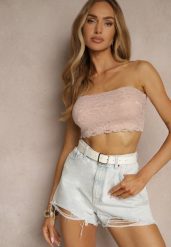 Różowy Koronkowy Top Bandeau o Dopasowanym Kroju Pasiella. Czerwone topy damskie Renee, l, bez wzorów, z jeansu, bez kołnierzyka. Za 24.99 zł.