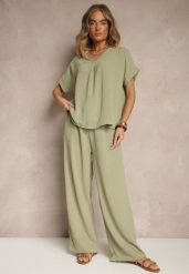 Zielony Komplet Bluzka i Luźne Spodnie z Wiskozą i Kieszonkami Efraria. Zielone spodnie materiałowe damskie Renee, z aplikacjami, z materiału, eleganckie. Za 59.99 zł.