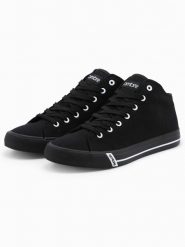 Buty męskie trampki z kontrastującymi elementami - czarne V2 OM-FOTH-0125 - 45. Czarne trampki i tenisówki męskie Ombre Clothing, bez wzorów, z materiału, za kostkę, bez zapięcia. Za 179.99 zł.