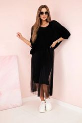 Sukienka plisowana z ażurowym sweterkiem czarna. Czarne sukienki damskie KESI, na co dzień, l, w ażurowe wzory, z elastanu, eleganckie, bez kołnierzyka, plus size, bez ramiączek. Za 330.40 zł.