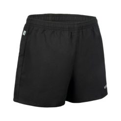 Spodenki do rugby Offload R100 z kieszeniami. Czarne szorty męskie KIPSTA, z materiału, bez kołnierzyka. Za 54.99 zł.