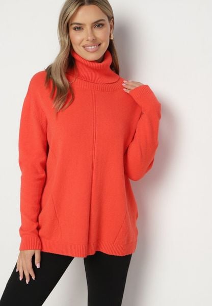 Pomarańczowy Sweter z Golfem i Dodatkiem Kaszmiru Rorizia. Brązowe golfy damskie Born2be, z aplikacjami, z jeansu, bez ramiączek. Za 119.99 zł.