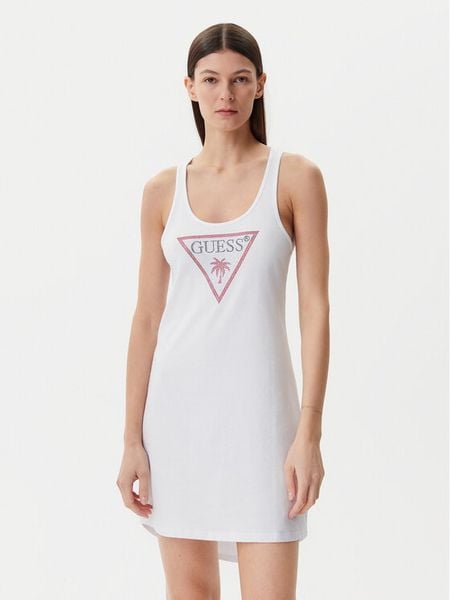 Guess Sukienka letnia E5GP01 I3Z14 Biały Regular Fit. Białe sukienki damskie Guess, na lato, l, z aplikacjami, z bawełny, bez kołnierzyka, bez ramiączek. Za 119.99 zł.