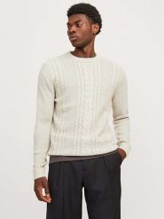 Jack & Jones Sweter w kolorze kremowym rozmiar: L. Brązowe swetry męskie Jack & Jones, l, bez wzorów, ze splotem, bez kołnierzyka. Za 96.60 zł.