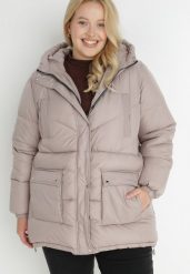 Beżowa Kurtka Pikowana z Kapturem Lannea. Brązowe kurtki damskie Born2be, plus size, bez wzorów, z jeansu, z kapturem. Za 79.99 zł.