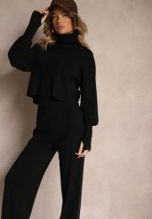 Czarny Komplet Dzianinowy z Wiskozą Spodnie o Szerokim Kroju Góra z Golfem Norathira. Czarne spodnie materiałowe damskie Renee, bez wzorów, z dzianiny, eleganckie. Za 199.99 zł.