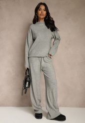 Szary Komplet Oversize z Dzianiny z Wełną Sweter i Szerokie Spodnie Alenria. Szare spodnie materiałowe damskie Renee, bez wzorów, z dzianiny, eleganckie. Za 139.99 zł.