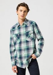 WRANGLER MĘSKA KOSZULA WESTERN SHIRT GREEN BLUE 112357242 W5B4017986. Niebieskie koszule męskie Wrangler, m, bez wzorów, bez kołnierzyka, bez ramiączek. Za 229.99 zł.