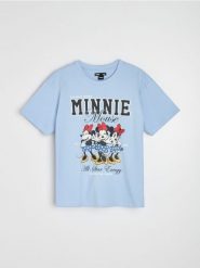 Bawełniana koszulka z nadrukiem Minnie Mouse - błękitny. Niebieskie t-shirty damskie Sinsay, l, bez wzorów, z bawełny, bez kołnierzyka. Za 29.99 zł.