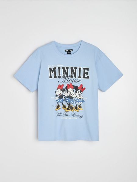 Bawełniana koszulka z nadrukiem Minnie Mouse - błękitny. Niebieskie t-shirty damskie Sinsay, l, bez wzorów, z bawełny, bez kołnierzyka. Za 29.99 zł.