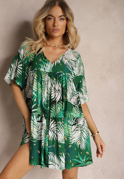 Biało-Zielona Sukienka o Rozkloszowanym Kroju z Falbanką i Trójkątnym Dekoltem Tiamaya. Białe sukienki damskie Renee, l, bez wzorów, bez kołnierzyka, bez ramiączek, mini, rozkloszowane. Za 39.99 zł.