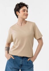 Gładka koszulka, Comfort Fit, T-LENI. Brązowe t-shirty damskie Volcano, m, bez wzorów, z bawełny, bez kołnierzyka. Za 69.99 zł.