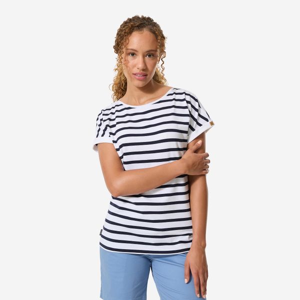 Koszulka marynarska żeglarska damska Decathlon Sailing 100 krótki rękaw. Białe t-shirty damskie TRIBORD, s, bez wzorów, z bawełny, bez kołnierzyka. Za 69.99 zł.