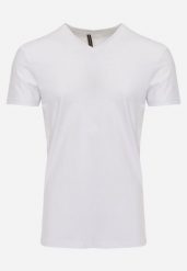 Biała Koszulka T-shirt z Bawełny z Dekoltem w Serek Rionisse. Białe t-shirty męskie Born2be, l, bez wzorów, z bawełny, bez kołnierzyka. Za 49.99 zł.