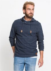 Sweter z kapturem, z bawełny. Niebieskie swetry męskie bonprix, l, z aplikacjami, z bawełny, bez kołnierzyka. Za 129.99 zł.