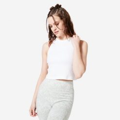 Koszulka bez rękawów damska Domyos Gym & Pilates crop top. Białe bluzki sportowe damskie DOMYOS, l, z bawełny, bez kołnierzyka, bez ramiączek. W wyprzedaży za 39.99 zł.