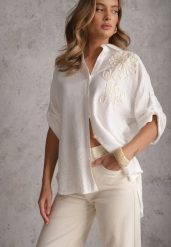 Biała Nietoperzowa Koszula z Wiskozy z Podpinanymi Rękawami i Haftem Adreaneh. Białe koszule damskie Renee, na lato, l, z aplikacjami, z jeansu, boho, bez kołnierzyka, bez ramiączek. Za 69.99 zł.
