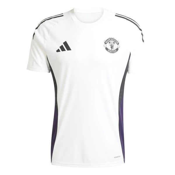 Koszulka treningowa Manchester United 2025/26. Białe t-shirty sportowe męskie Adidas, s, z materiału, bez ramiączek, do piłki nożnej. Za 221.74 zł.