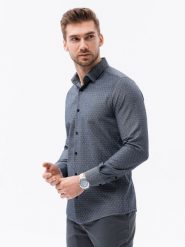 Koszula męska w drobny wzór REGULAR FIT - granatowa K601 - M. Niebieskie koszule męskie Ombre Clothing, m, bez wzorów, z bawełny, bez kołnierzyka, bez ramiączek. W wyprzedaży za 49.99 zł.