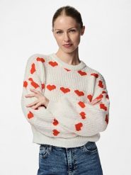 Pieces Sweter w kolorze biało-czerwonym rozmiar: XL. Białe swetry klasyczne damskie Pieces, xl, ze splotem, bez kołnierzyka. Za 100.99 zł.