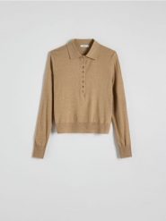 Sweter polo z domieszką wełny - beżowy. Brązowe swetry klasyczne damskie Reserved, l, z dzianiny, bez kołnierzyka. W wyprzedaży za 69.99 zł.