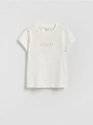 T-shirt z haftem - złamana biel. Koszulki dziewczęce Reserved, bez wzorów, z bawełny, bez ramiączek. Za 19.99 zł.