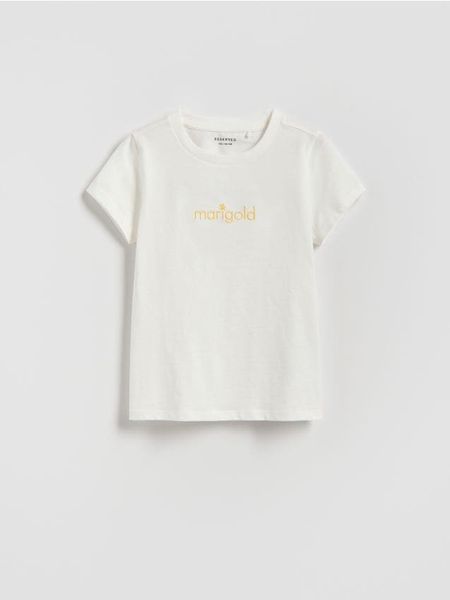 T-shirt z haftem - złamana biel. Koszulki dziewczęce Reserved, bez wzorów, z bawełny, bez ramiączek. Za 19.99 zł.