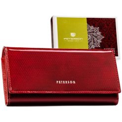Elegancki portfel damski ze skóry naturalnej w czerwonym kolorze, zamykany zatrzaskiem i biglem - Peterson. Czerwone portfele damskie Peterson, bez wzorów, ze skóry. Za 129.99 zł.