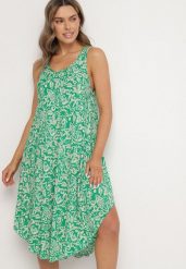Zielona Asymetryczna Sukienka Bawełniana w Ornamentalny Wzór Natialira. Zielone sukienki damskie Born2be, na co dzień, l, bez wzorów, z bawełny, eleganckie, z asymetrycznym kołnierzem, bez ramiączek, midi, asymetryczne. W wyprzedaży za 43.99 zł.