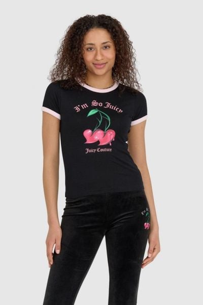 JUICY COUTURE Czarny t-shirt damski z wisienkami, Rozmiar M. Czarne t-shirty damskie Juicy Couture, m, bez wzorów, bez kołnierzyka. W wyprzedaży za 229.99 zł.