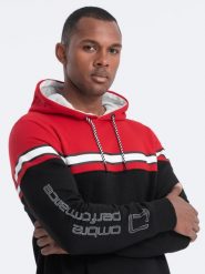 Bluza męska z kapturem trzykolorowa - czerwona V3. Czerwone bluzy z kapturem męskie Ombre Clothing, l, z bawełny. W wyprzedaży za 49.99 zł.