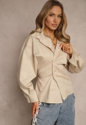 Beżowa Bawełniana Koszula Asymetrycznie Zapinana Zdobiona Wiązaniem w Talii Sanilsa. Brązowe koszule damskie Renee, z aplikacjami, z bawełny, eleganckie, z asymetrycznym kołnierzem, bez ramiączek. Za 99.99 zł.