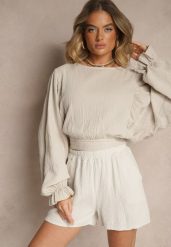 Beżowe Basicowe Szorty z Bawełny High Waist Naldelle. Brązowe szorty damskie Renee, bez wzorów, z bawełny, eleganckie, z podwyższonym stanem. Za 54.99 zł.