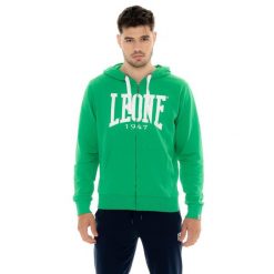 Bluza z bawełna z kaptur na siłownia na czas wolny. Zielone bluzy sportowe męskie LEONE 1947 APPAREL, bez wzorów, z bawełny, sportowe, bez kołnierzyka, bez ramiączek. W wyprzedaży za 124.24 zł.