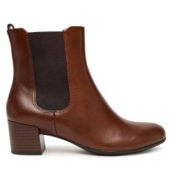 Botki ECCO. Brązowe botki damskie ECCO, bez obcasa, na słupku, bez zapięcia. Za 629.99 zł.
