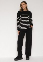 Czarny Komplet z Wełną i Bawełną Sweter w Paski i Szerokie Spodnie Neveena. Czarne spodnie materiałowe damskie Born2be, bez wzorów, z bawełny, eleganckie. Za 139.99 zł.