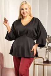 Bluzka wieczorowa odcinana pod biustem elegancka ala baskinka MADRYTA czarna. Czarne bluzki damskie KARKO, l, bez wzorów, z elastanu, eleganckie, bez kołnierzyka, plus size, bez ramiączek. Za 79.50 zł.