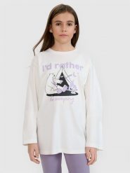 4F Longsleeve oversize z nadrukiem dziewczęcy - biały 122 (6-7 lat). Białe koszulki dziewczęce 4f, bez wzorów, z bawełny, bez ramiączek. W wyprzedaży za 19.99 zł.