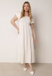 Jasnobeżowa Wiskozowa Sukienka z Bufiastymi Rękawami i Marszczoną Górą Liones. Brązowe sukienki damskie Born2be, na co dzień, na lato, uniwersalny, bez wzorów, z jeansu, wakacyjne, bez kołnierzyka, bez ramiączek, maxi, proste. Za 89.99 zł.